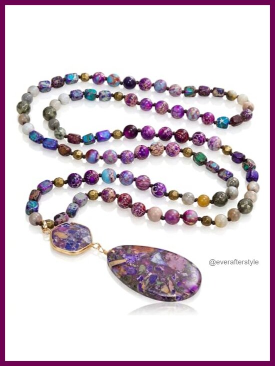 Jewelry - Handmade Natural Stone Beaded Boho Long Necklace with Jade Pendant